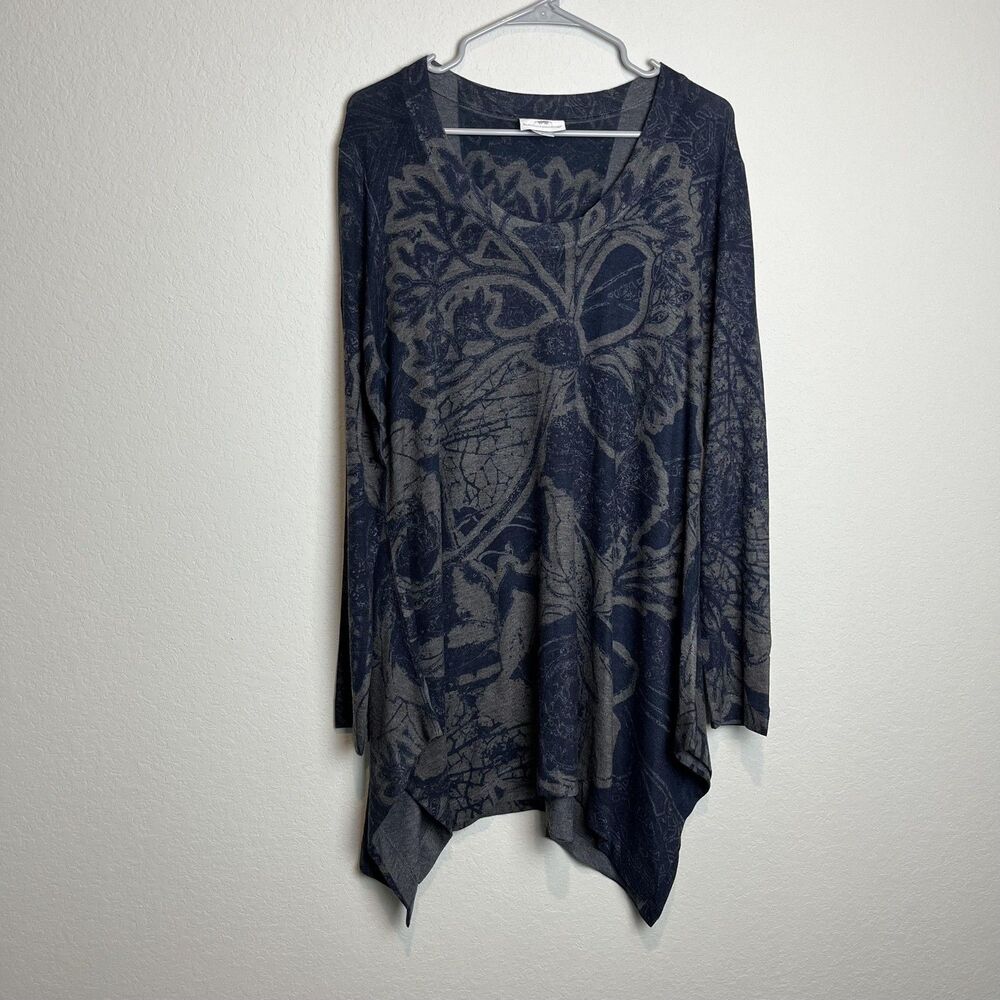 Soft Surroundings T-Shirt Womens L Blue Floral Scoop Neck Long Sleeve Tunic Top